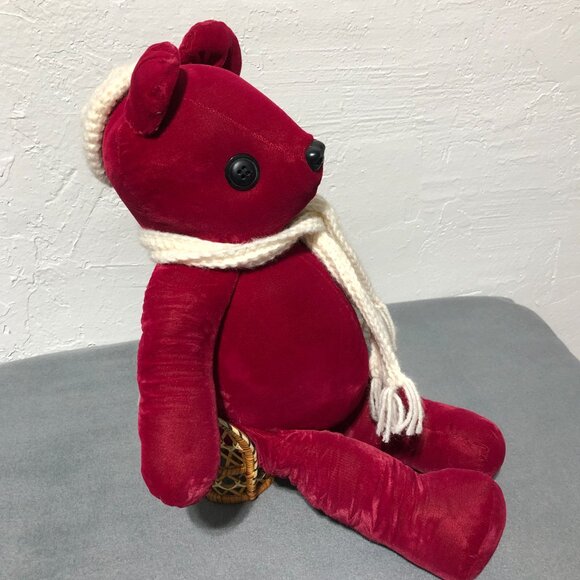 Vintage Handmade Velvet Red Teddy Bear Button Eyes Scarf & Hat - Picture 2 of 10